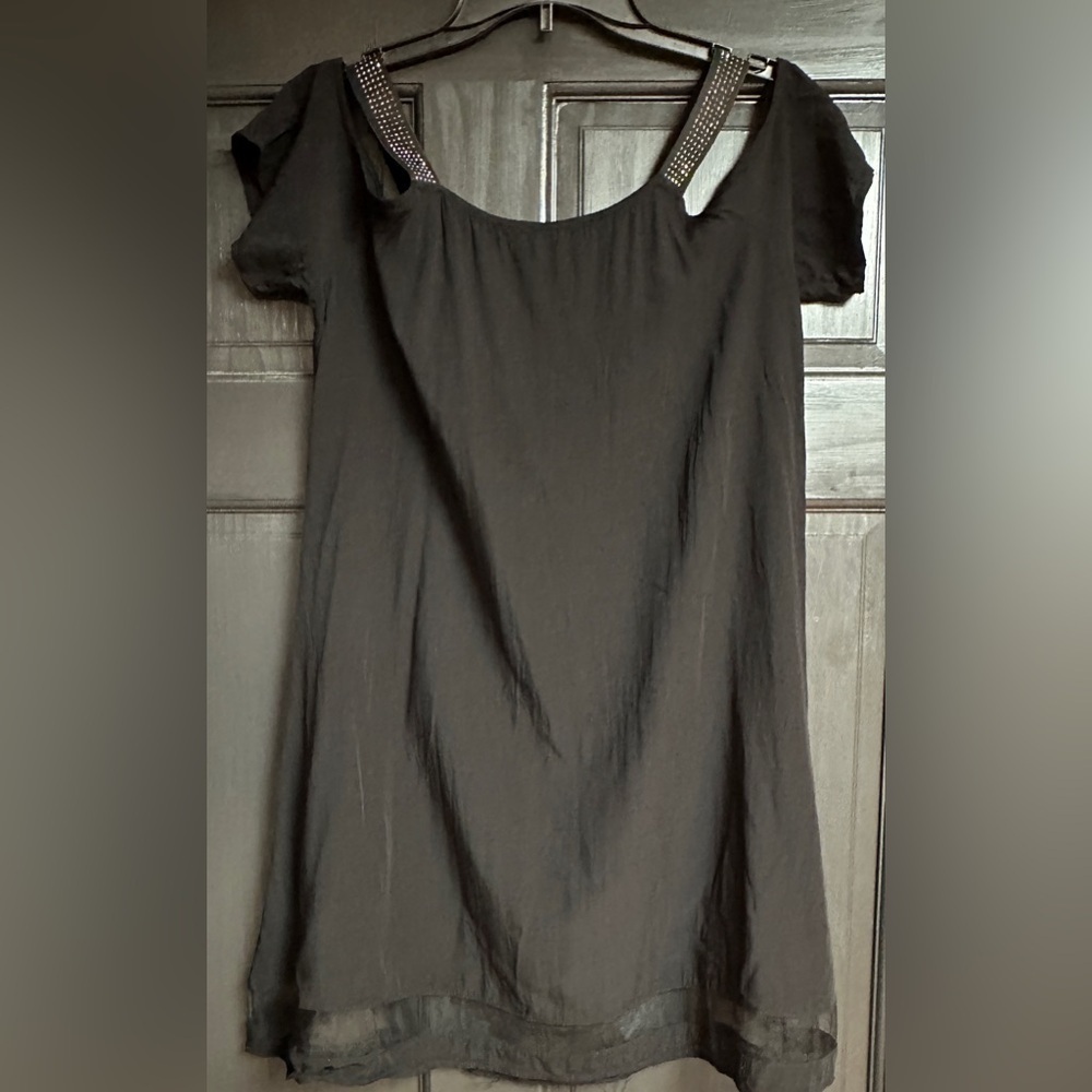 Cold Shoulder, Black Dress, Size M with Studded Stretchy Straps - Picture 2 of 9